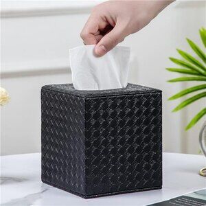 PU leather square tissue box cover holder for bathroom bedroom office deco Black